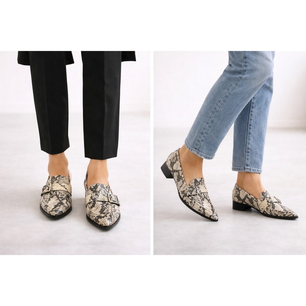 Bleeker & Bond Women's Snakeskin Print Buckle Strap Slip On Flat Loafers Size 8